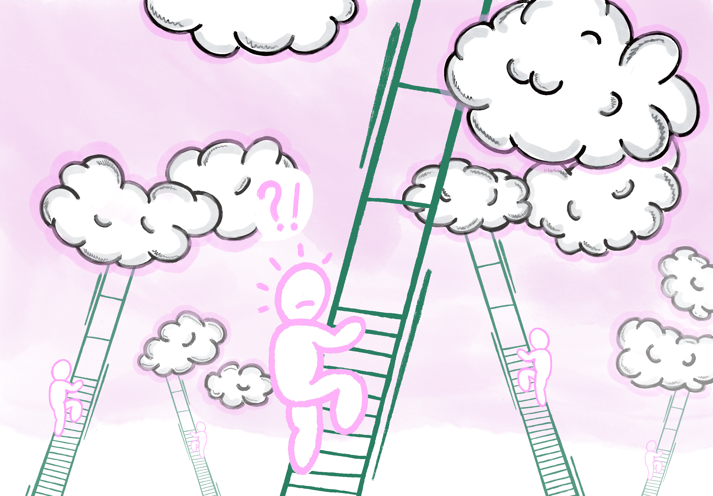 A drawing of different ladders going into the sky but it's not clear where they are headed.